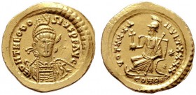  RÖMISCHE KAISERZEIT   Theodosius II. (402-450)   (D) Solidus (4,38g), zeitgenössische Imitation eines Solidus der Münzstätte Constantinopolis, 3. Off...