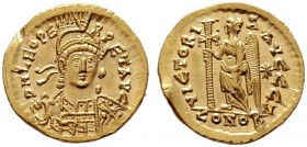  RÖMISCHE KAISERZEIT   Leo I. (457-474)   (D) Solidus (4,48g), Constantinopolis, 7. Offizin, 457-468 n. Chr. Av.: D N LEO PE-RPET AVG, Büste mit Helm,...