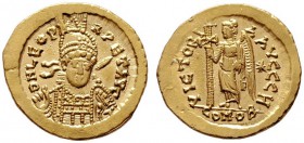  RÖMISCHE KAISERZEIT   Leo I. (457-474)   (D) Solidus (4,48g), Constantinopolis, 8. Offizin, 468-473 n. Chr. Av.: D N LEO PE-RPET AVG, Büste mit Helm,...