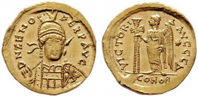  RÖMISCHE KAISERZEIT   Zeno (474-475/476-491)   (D) Solidus (4,51g), Constantinopolis, 4. Offizin, 476-491 n. Chr. Av.: D N ZENO - PERP AVG, Büste mit...