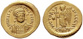  BYZANTINISCHE MÜNZEN   Anastasius I. (491-518)   (D) Solidus (4,48g), Constantinopolis, 8. Offizin, 507-518 n. Chr. Av.: D N ANASTA-SIVS PP AVC, Büst...