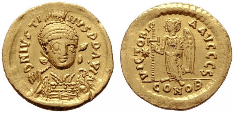  BYZANTINISCHE MÜNZEN   Iustinus I. (518-527)   (D) Solidus (4,27g), Constantino...