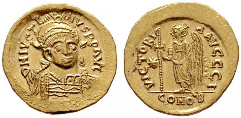  BYZANTINISCHE MÜNZEN   Iustinus I. (518-527)   (D) Solidus (4,48g), Constantino...