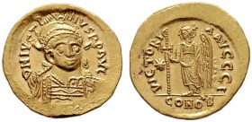  BYZANTINISCHE MÜNZEN   Iustinus I. (518-527)   (D) Solidus (4,48g), Constantinopolis, 10. Offizin, 518-522 n. Chr. Av.: D N IVSTI-NVS PP AVG, Büste m...