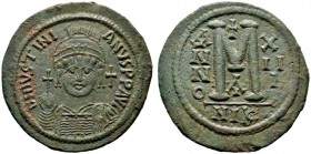  BYZANTINISCHE MÜNZEN   Iustinianus I. (527-565)   (D) Follis (40 Nummi) (21,24g), Nicomedia (Izmit), 1. Offizin, Jahr 13 = 539-540 n. Chr. Büste mit ...