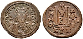  BYZANTINISCHE MÜNZEN   Iustinianus I. (527-565)   (D) Follis (40 Nummi) (20,52g), Cyzicus (Erdek), 2. Offizin, Jahr 19 = 545-546 n. Chr. Büste mit He...