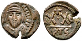  BYZANTINISCHE MÜNZEN   Heraclius (610-641)   (D) Halbfollis (20 Nummi) (3,79g), Karthago, 5. Indiktion = 620/621 n. Chr. Büste mit Kreuzdiadem, Drapi...