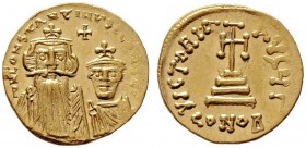  BYZANTINISCHE MÜNZEN   Constans II. (641-668)   (D) Solidus (4,45g), Constantinopolis, 3. Offizin, 654-659 n. Chr. Büste des Constans II. mit Kreuzdi...