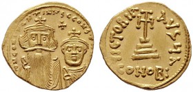 BYZANTINISCHE MÜNZEN   Constans II. (641-668)   (D) Solidus (4,40g), Constantinopolis, 1. Offizin, 654-659 n. Chr. Büste des Constans II. mit Kreuzdi...