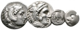  Varia & Lots   (D) Lot Griechen (4). Lot mit 2 Drachmen Alexanders III., 1 Obol aus Milet und 1 Obol aus Kyzikos, um s.sch.  