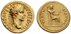 The Roman Empire   Tiberius augustus, 14 – 37  Aureus, Lugdunum 14-37, AV 7.80 g. TI CAESAR DIVI – AVG F AVGVSTVS Laureate head r. Rev. PONTIF MAXIM P...