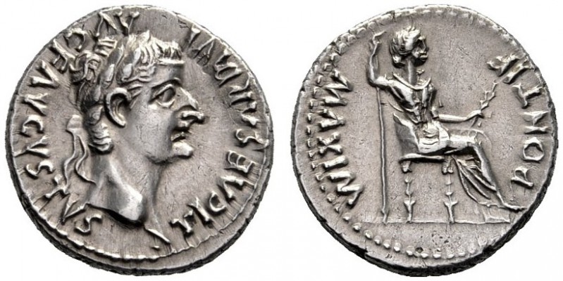 The Roman Empire   Tiberius augustus, 14 – 37  Denarius, Lugdunum 14-37, AR 3.78...