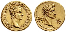 The Roman Empire   Gaius, 37 – 41  Aureus, Lugdunum 37-38, AV 7.80 g. C CAESAR AVG GERM P M TR POT COS Bare head of Gaius r. Rev. Radiate head of Augu...