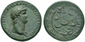 The Roman Empire   Nero augustus, 54 – 68  Sestertius circa 64, Æ 26.27 g. NERO CLAVDIVS CAESAR AVG GER P M TR P IMP P P Laureate head r., with aegis....
