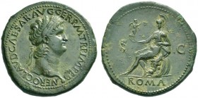 The Roman Empire   Nero augustus, 54 – 68  Sestertius, Lugdunum circa 65, Æ 27.81 g. NERO CLAVD CAESAR AVG GER P M TR P IMP P P Laureate head r.; glob...