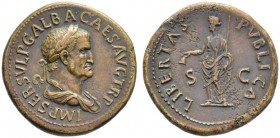 The Roman Empire   Galba, 68 – 69  Sestertius late summer 68, Æ 27.21 g. IMP SER SVLP GALBA CAESAR AVG TR P Laureate and draped bust r. Rev. LIBERTAS ...