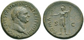 The Roman Empire   Vespasian, 69 – 79  Sestertius 71, Æ 26.46 g. IMP CAES VESPASIAN AVG P M TR P P P COS III Laureate head r. Rev. ROMA S – C Roma, he...