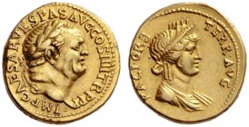 The Roman Empire   Vespasian, 69 – 79  Aureus, Ephesus 72-73, AV 7.29 g. IMP CAESAR VESPAS AVG COS IIII TR P P P Laureate head r.; below, annulet. Rev...