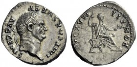 The Roman Empire   Vespasian, 69 – 79  Denarius 73, AR 3.45 g. IMP CAES VESP – AVG CENS Laureate head r. Rev. PONT II MAX IM Vespasian seated r. on cu...