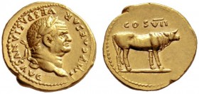The Roman Empire   Vespasian, 69 – 79  Aureus 76, AV 7.28 g. IMP CAESAR VESPASIANVS AVG Laureate head r. Rev. COS VII Cow walking r. C 117. BMC 176. R...