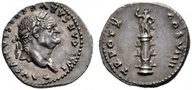 The Roman Empire   Vespasian, 69 – 79  Denarius 79, AR 3.46 g. IMP CAESAR VESPASIANVS AVG Laureate head r. Rev. TR POT X COS VIIII Statue of radiate m...