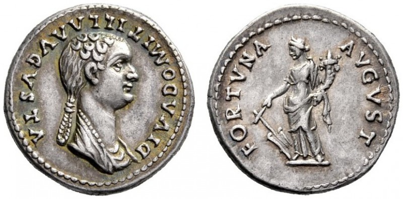 The Roman Empire   Diva Domitilla, wife of Vespasian  Denarius 82-83, AR 3.58 g....