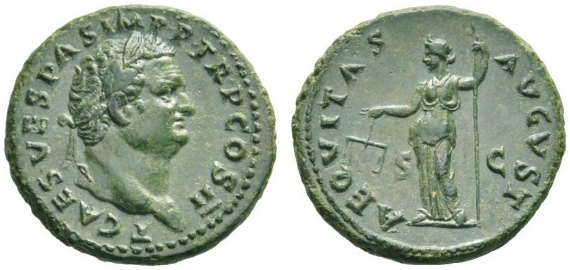 The Roman Empire   Titus caesar, 69 – 79  As 72, Æ 10.88 g. T CAES VESPAS IMP TR...