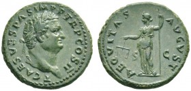 The Roman Empire   Titus caesar, 69 – 79  As 72, Æ 10.88 g. T CAES VESPAS IMP TR P COS II Laureate head r. Rev. AEQVITAS – AVGVST S – C Aequitas stand...