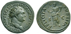 The Roman Empire   Titus caesar, 69 – 79  Dupondius 72-73, Æ 12.80 g. T CAES VESPASIAN IMP III PON TR POT II COS Radiate head r. Rev. FELICITA – S – P...