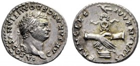 The Roman Empire   Domitian caesar, 69 – 81  Denarius 79, AR 3.68 g. CAESAR AVG F DOMITIANVS COS VI Laureate head r. Rev. PRINCEPS – IVVENTVTIS Two cl...
