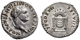 The Roman Empire   Domitian augustus, 81 – 96  Denarius 81, AR 3.14 g. IMP CAES DOMITIANVS AVG PONT Laureate head r. Rev. P P COS VII – DES VIII Drape...