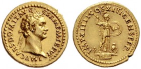 The Roman Empire   Domitian augustus, 81 – 96  Aureus 87, AV 7.58 g. IMP CAES DOMIT AVG – GERM P M TR P VI Laureate head r. Rev. IMP XIIII COS XIII CE...