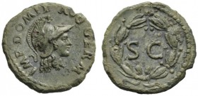 The Roman Empire   Domitian augustus, 81 – 96  Quadrans 84-85, Æ 2.06 g. IMP DOMIT AVG GERM Helmeted head of Minerva r. Rev. S C within laurel wreath....