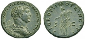 The Roman Empire   Trajan, 98 – 117  As 103-111, Æ 9.04 g. IMP CAES NERVAE TRAIANO AVG GER DAC P M TR P COS V P P Laureate, draped and cuirassed bust ...