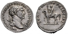 The Roman Empire   Trajan, 98 – 117  Denarius circa 112-114, AR 3.26 g. IMP TRAIANO AVG GER DAC P M TR P COS VI P P Laureate bust r., with drapery on ...