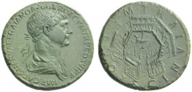 The Roman Empire   Trajan, 98 – 117  Sestertius circa 112-114, Æ 23.55 g. IMP CAES NERVAE TRAIANO AVG GER DAC P M TR P COS VI P P Laureate and draped ...