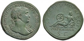 The Roman Empire   Trajan, 98 – 117  Sestertius circa 112-114, Æ 21.15 g. IMP CAES NERVAE TRAIANO AVG GER DAC P M TR P COS VI P P Laureate bust r., wi...
