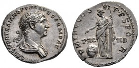 The Roman Empire   Trajan, 98 – 117  Denarius 116-117, AR 3.24 g. IMP CAES NER TRAIAN OPTIM AVG GERM DAC Laureate and draped bust r. Rev. P M TR P COS...