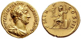 The Roman Empire   Hadrian augustus, 118 – 137  Aureus 119-122, AV 7.34 g. IMP CAESAR TRAIAN – HADRIANVS AVG Laureate, draped and cuirassed bust r. Re...