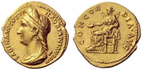 The Roman Empire   Hadrian augustus, 118 – 137  Aureus 129, AV 7.32 g. SABINA AVGVSTA – HADRIANI AVG P P Draped bust l., hair in stephane and in long ...