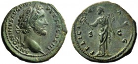 The Roman Empire   Antoninus Pius, 138 – 161  As 140-144, Æ 11.11 g. ANTONINVS AVG PIVS – P P TR P COS III Laureate head r. Rev. FELICI – TAS – AVG S ...