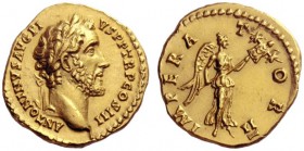 The Roman Empire   Antoninus Pius, 138 – 161  Aureus 143, AV 7.35 g. ANTONINVS AVG PI – VS P P TR P COS III Laureate head r. Rev. IMPERA – T – OR II V...