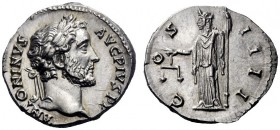 The Roman Empire   Antoninus Pius, 138 – 161  Denarius 146-151, AR 3.50 g. ANTONINVS – AVG PIVS P P Laureate head r. Rev. C – O – S – IIII Aequitas st...