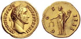 The Roman Empire   Antoninus Pius, 138 – 161  Aureus 148–149, AV 7.21 g. ANTONINVS AVG PIVS P P TR P XII Laureate head r. Rev. COS IIII Aequitas stand...