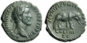 The Roman Empire   Antoninus Pius, 138 – 161  As 148-149, Æ 9.69 g. ANTONINVS AVG – PIVS TR P XII Laureate head r. Rev. MVNIFICENTIA AVG Elephant r.; ...