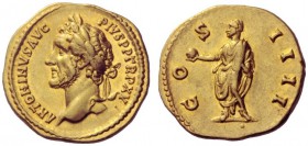 The Roman Empire   Antoninus Pius, 138 – 161  Aureus circa 151-152, AV 7.39 g. ANTONINVS AVG – PIVS P P TR P XV Laureate head l. Rev. COS IIII Antonin...
