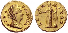 The Roman Empire   Faustina I, wife of Antoninus Pius   Diva Faustina.  Aureus after 141, AV 7.15 g. DIVA – FAVSTINA Veiled and draped bust r., hair c...