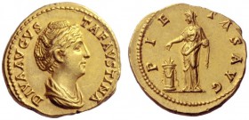 The Roman Empire   Faustina I, wife of Antoninus Pius   Diva Faustina.  Aureus after 141, AV 7.35 g. DIVA AVG – FAVSTINA Draped bust r., hair waved an...