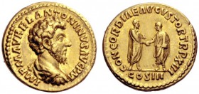 The Roman Empire   Marcus Aurelius augustus, 161 – 180  Aureus 161-162, AV 7.00 g. IMP CAES M AVREL ANTONINVS AVG Bareheaded, draped and cuirassed bus...