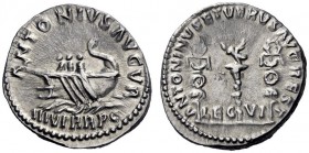 The Roman Empire   Marcus Aurelius augustus, 161 – 180  Denarius 161-169, AR 3.60 g. ANTONIVS AVGVR Praetorian galley l.; in exergue, III VIR RPC. Rev...